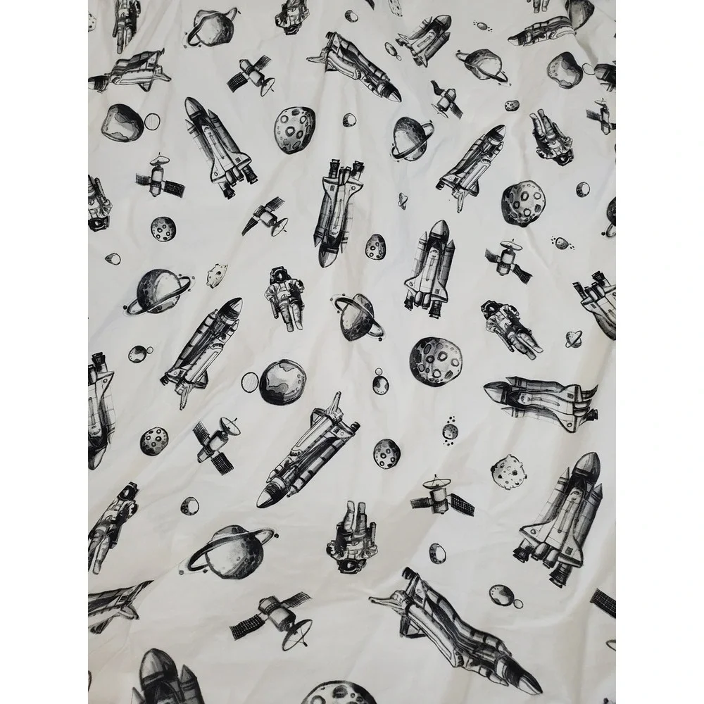 Pottery Barn Kids White Black Space Moon Astronaut Full Flat Fitted Sheet Set